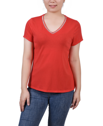 Ny Collection Petite Short Sleeve T-shirt With Stone Details In Red