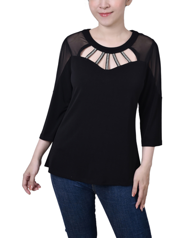 Ny Collection Women's 3/4 Sleeve Top With Neckline Cutouts And Stones In Black