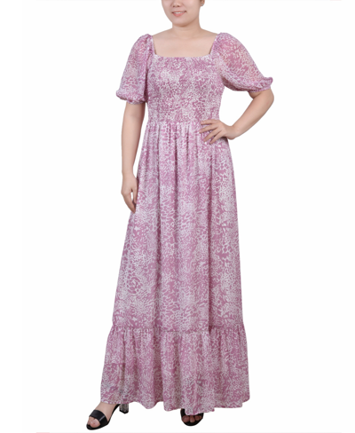 Ny Collection Petite Short Sleeve Smocked Maxi Dress In Lilac Animal