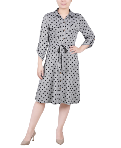 Ny Collection Petite 3/4 Sleeve Roll Tab Shirtdress In Black White Abstract Dot