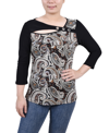 Ny Collection Petite 3/4 Sleeve Puff Print Cutout Top In Brown Paisley
