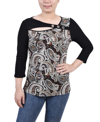 NY COLLECTION PETITE 3/4 SLEEVE PUFF PRINT CUTOUT TOP