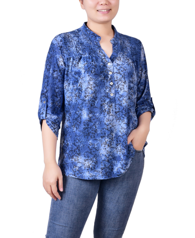 Ny Collection Women's 3/4 Roll Tab Sleeve Smocked-yoke Top In Etch Dark Blue