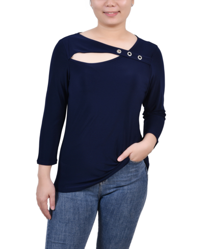 Ny Collection Petite 3/4 Sleeve Cutout Top In Navy