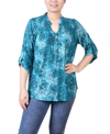 Ny Collection Plus Size 3/4 Roll Tab Sleeve Smocked-yoke Top In Etch Green