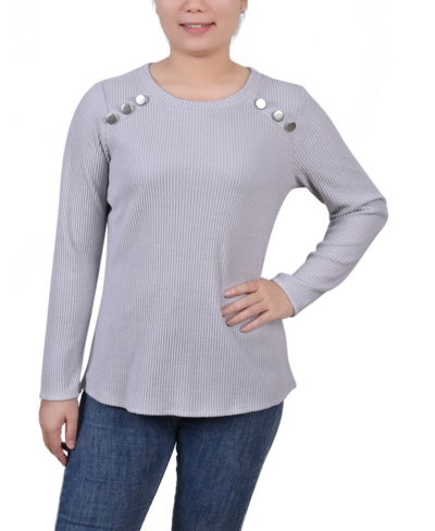 Ny Collection Petite Long Sleeve Ribbed Button Detail Top In Light Charcoal