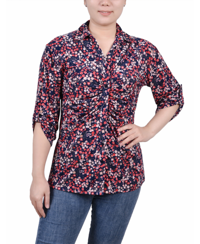 Ny Collection Petite 3/4 Roll Tab Rouched-front Top In Navy Red Ditsy Floral