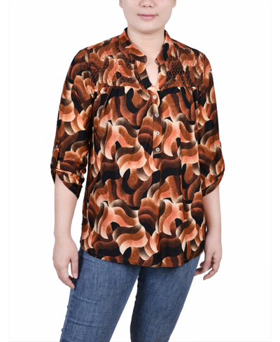 Ny Collection Women's 3/4 Roll Tab Sleeve Smocked-yoke Top In Rust Black Abstract