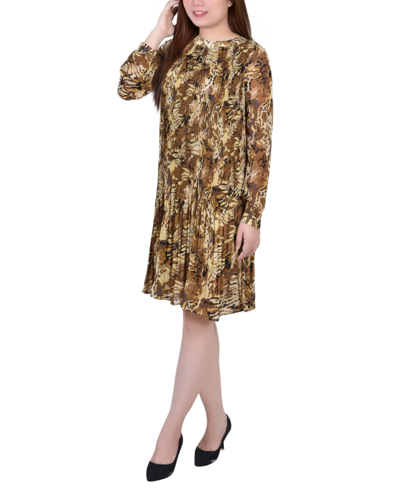 Ny Collection Petite Long Sleeve Pleated Dress In Mustard Paisley