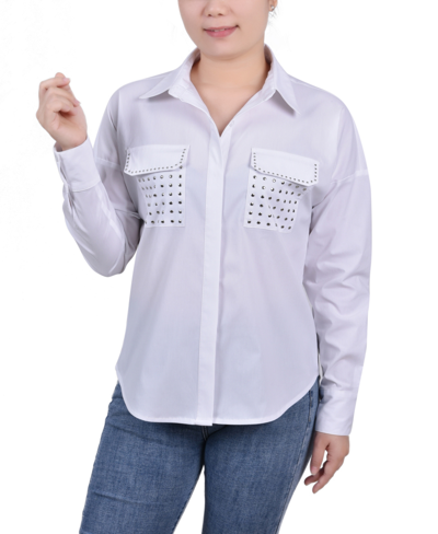 Ny Collection Petite Long Sleeve Hidden Placket Blouse With Studs In White