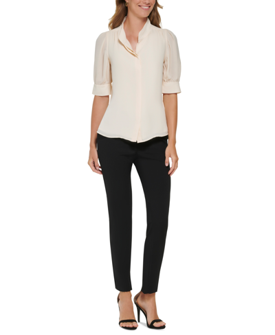 Dkny Petite Puffed Sleeve Mandarin Collar Top In Oatmeal