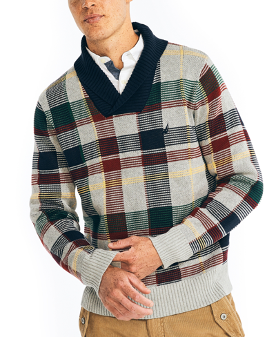 Nautica Men's Classic-fit Plaid Jacquard Shawl-collar Sweater In Navy