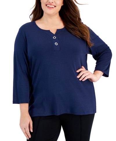 Karen Scott Plus Size Toggle-neck Top, Created For Macy's In Intrepid Blue