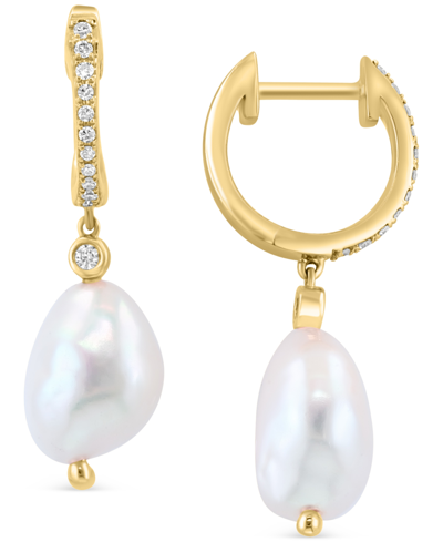 Effy Collection Effy Freshwater Pearl (7-1/2mm) & Diamond (1/8 Ct. T.w.) Dangle Hoop Earrings In 14k Gold
