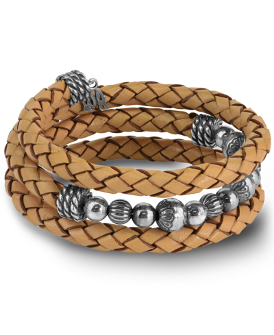 American West Sterling Silver Beads On Braided Genuine Leather Wrap Bracelet In Tan