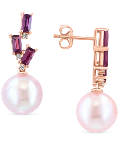 Effy Collection Effy Pink Freshwater Pearl (10mm), Rhodolite (x Ct. T.w.) & Diamond Accent Drop Earrings In 14k Rose In K Rose Gold
