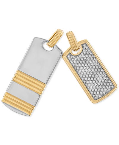 Esquire Men's Jewelry 2-pc. Set Cubic Zirconia Pave & Ridged Dog Tag Pendants In Sterling Silver & 14k Gold-plate, Created In Gold Over Silver