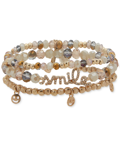 Lonna & Lilly Gold-tone 3-pc. Set Pave Smile Mixed Bead Stretch Bracelets In Natural
