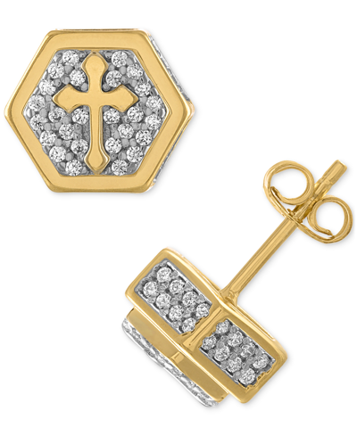 Esquire Men's Jewelry Cubic Zirconia Cross Hexagon Cluster Stud Earrings, Created For Macy's In Gold Over Silver