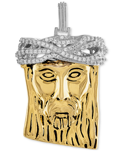 Esquire Men's Jewelry Cubic Zirconia Jesus Portrait Pendant In Sterling Silver & 14k Gold-plate, Created For Macy's In Gold Over Silver