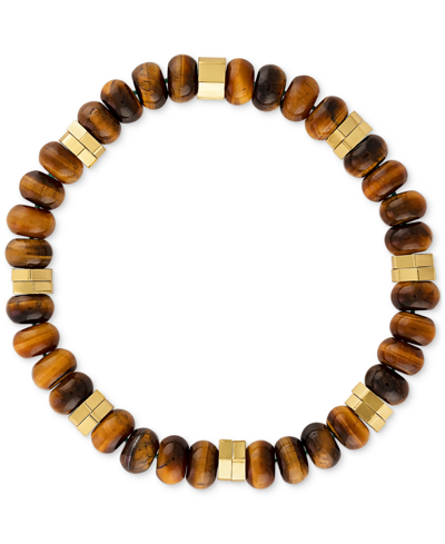 Esquire Men's Jewelry Tiger Eye Bead Stretch Bracelet In 14k Gold-plated Sterling Silver, Created For Macy's In Brown
