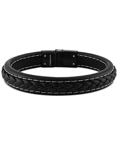 Esquire Men's Jewelry Woven Black Leather Bracelet In Sterling Silver, Created For Macy's