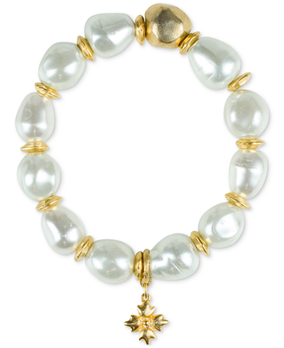 Patricia Nash Gold-tone Floret Charm Imitation Pearl Beaded Stretch Bracelet In Med Yellow