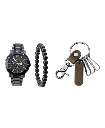 American Exchange Men's Quartz Movement Gunmetal Bracelet Analog Watch, 46mm And Keychain With Bracelet And Zippered T In Brushed Gunmetal/olive Green
