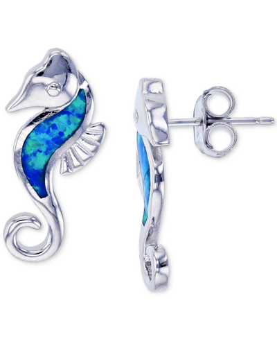 Macy's Lab-created Blue Opal Seahorse Stud Earrings (1/4 Ct. T.w.) In Sterling Silver