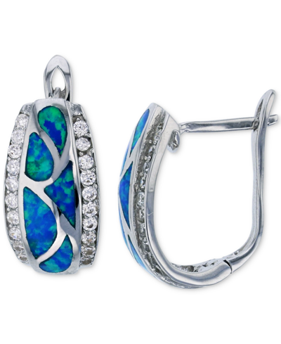 Macy's Lab-grown Blue Opal (5/8 Ct. T.w.) & Cubic Zirconia Hoop Earrings In Sterling Silver