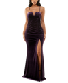 Emerald Sundae Juniors' Notch-front Stretch-velvet Gown In Eggplant