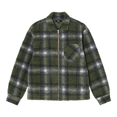 Pre-owned Stussy Shadow Plaid Sherpa Zip Shirt 'olive' In Green
