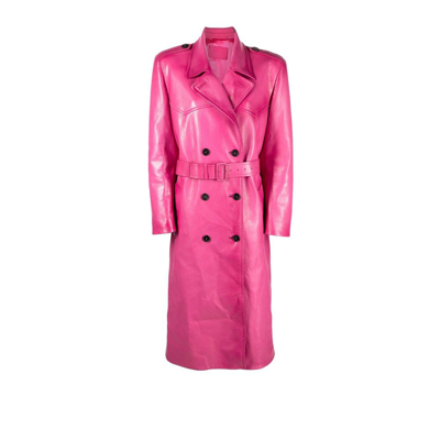 Prada Leather Double-breasted Trench Coat In Fuchsia