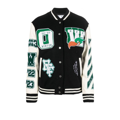 OFF-WHITE EMBR PATCHES EMBROIDERED VARSITY JACKET - WOMEN'S - LEATHER/POLYESTER/CUPRO/VISCOSEWOOL,OWEH020F22FAB001100118533322
