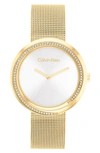 Calvin Klein Twisted Crystal Mesh Strap Watch, 34mm In Goldtone/ Stainless Steel