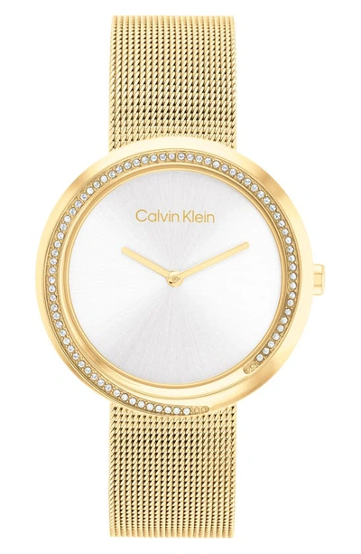 Calvin Klein Twisted Crystal Mesh Strap Watch, 34mm In Goldtone/ Stainless Steel