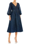 Mac Duggal Embellished Plunge Neck Bishop Sleeve Dress In Midnight