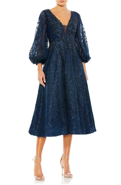 Mac Duggal Embellished Plunge Neck Bishop Sleeve Dress In Blue