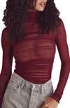 Free People Under It All Ruched Mesh Turtleneck Bodysuit In Wild Garnet