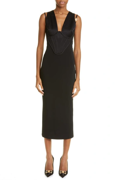 Versace Medusa Corset Enver Satin Midi Dress In Black
