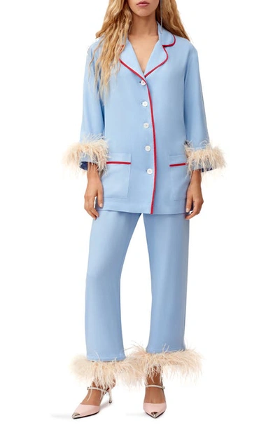 Sleeper Party Pajama Set With Double Feathers In Blue