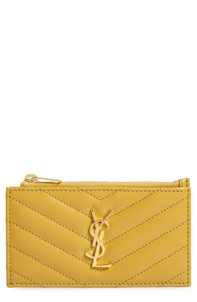 Saint Laurent Pebbled Leather Zip Card Case In Chartreuse