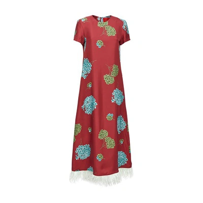 La Doublej Flower-print Maxi Swing Dress W/ Feather Trim In Ortensia Bordeaux