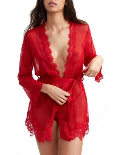 Oh La La Cheri Plus Size Eyelash Lace 2pc Underwear Set, Dressing Gown With Satin Sash And G-string In Red