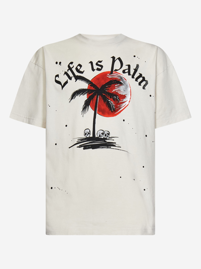 Palm Angels Life Is Palm Print Cotton Jersey T-shirt In Beige