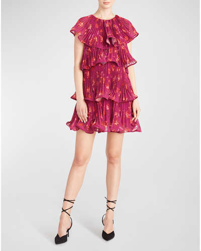 Amur Breeta Pleated Tiered Minidress In Bougainvillea Mono Floral