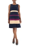 Nina Leonard Sleeveless Jewel Neck Colorblock Dress In Navy/ Tan/ Crisp Berry