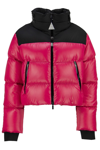 Moncler Jasione Shiny Nylon Cropped Logo Collar Down Quilted Jacket In Fuchsia