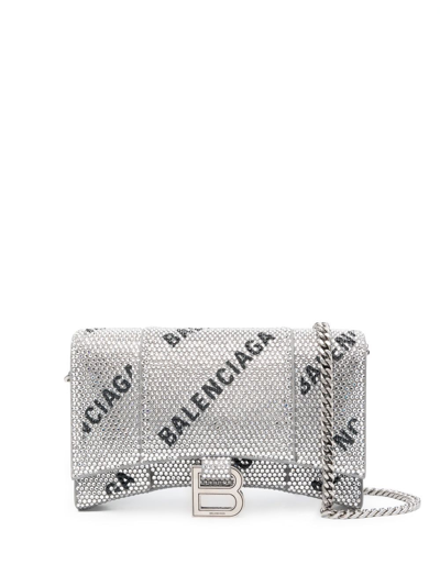 Balenciaga Rhinestone Hourglass Wallet-on-chain In Silver