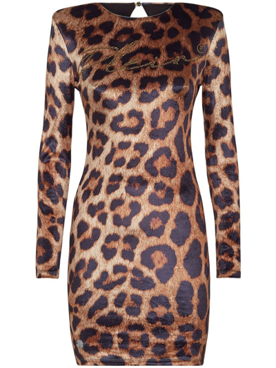 Philipp Plein Leopard-print Cut-out Mini Dress In Neutrals